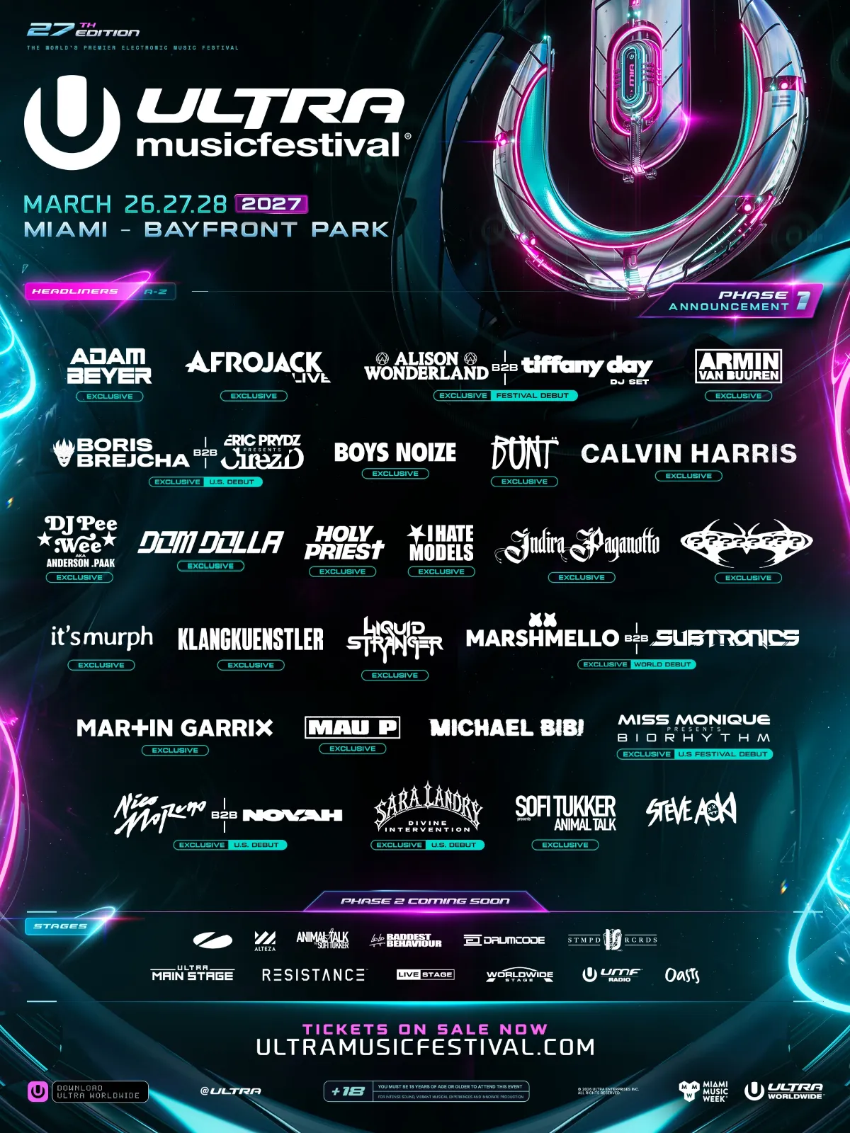 Ultra Miami 2027 apuesta por el techno: Boris Brejcha B2B Cirez D, Indira Paganotto y más en Phase 1